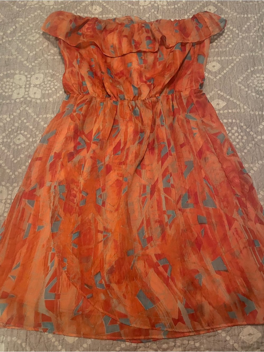 MM Couture Orange Strapless Sundress with Blue Geometric Print